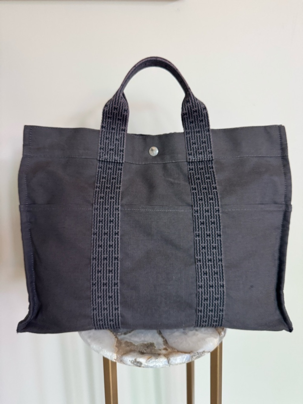 Authentic HERMES Herline GM Tote Grey Canvas Bag handbag